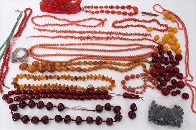 Lot 3345 - Group amber type bead necklaces, simulated cherry amber, vintage coral jewellery, other beads etc