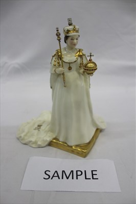 Lot 2151 - Royal Doulton figure of Queen Elizabeth II, HN4372, further Royal Doulton to include bust of Queen Mother, cat, Diana cup and Hampshire Cricketer jug, and further items to include a Royal Crown Der...