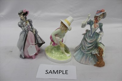 Lot 2152 - Collection of Royal Doulton figurines, to include HN 3358, HN 3096, HN 2369, HN 3032, HN 3370, HN 3044, HN 3424, D 6922, D 6900, and further items to include Royal Worcester Masquerade and Belle of...