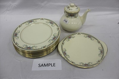 Lot 2154 - Royal Doulton 'Juliet' pattern tea and dinner service, to include 9 dinner plates, 10 side plates, 9 dessert plates, 9 soup cups, 9 dessert bowls, 1 gravy boat and saucer, 1 cake plate, 10 tea cups...