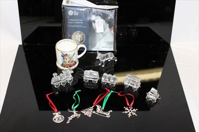 Lot 2162 - Collection of Swarovski Crystal ornaments, to include 5 train ornaments, dog and owl, along with several empty Swarovski boxes, stands, and four further collectors items by Hudson & Middleton, Buck...