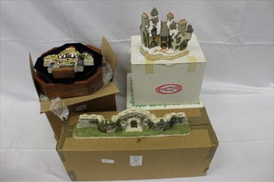 Lot 77 - Collection of David Winter cottage ornaments, boxed, to include The Castle Wall, Pershore Mill, Christmas in Scotland and Hogmanay, and Plucked Ducks plaque (4)