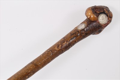 Lot 3692 - Unusual First World War period natural hazel walking stick inset with Edward VII and George V silver coins, 90cm overall length