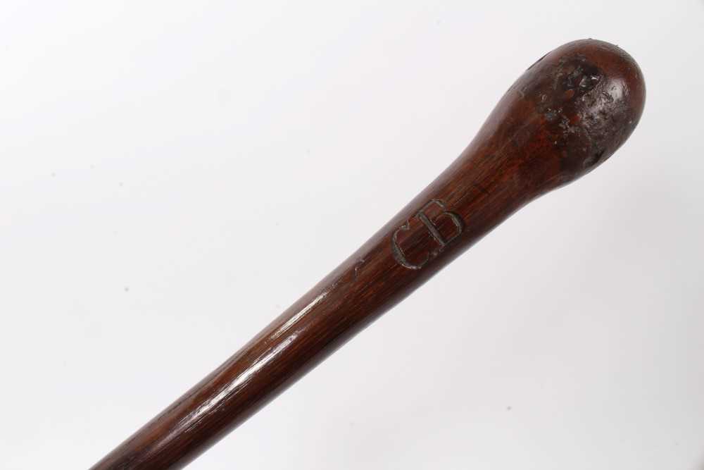 Lot 3677 - Unusual late 19th century cudgel stick with bulbous handle shaft carved with initial C.B., 93cm length