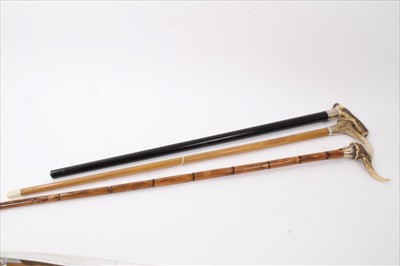 Lot 3672 - Heavy Edwardian walking stick with ebony shaft, silver collar (Chester 1908) and Antler crop handle, another George V with stepped cane shaft, silver collar (Birmingham 1913 Mappin & Webb) and deco...
