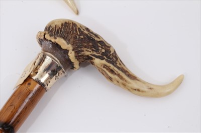 Lot 3672 - Heavy Edwardian walking stick with ebony shaft, silver collar (Chester 1908) and Antler crop handle, another George V with stepped cane shaft, silver collar (Birmingham 1913 Mappin & Webb) and deco...