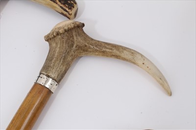 Lot 3672 - Heavy Edwardian walking stick with ebony shaft, silver collar (Chester 1908) and Antler crop handle, another George V with stepped cane shaft, silver collar (Birmingham 1913 Mappin & Webb) and deco...