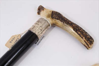 Lot 3672 - Heavy Edwardian walking stick with ebony shaft, silver collar (Chester 1908) and Antler crop handle, another George V with stepped cane shaft, silver collar (Birmingham 1913 Mappin & Webb) and deco...