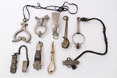 Lot 3741 - Collection of 8 antique Victorian and later ladies' skirt lifters, including a 'Wright Eureka' model, an '1857 patent' model, a 'K. K & co Acme Dress Holder', an 1846 registered model, 'The Daisy'...