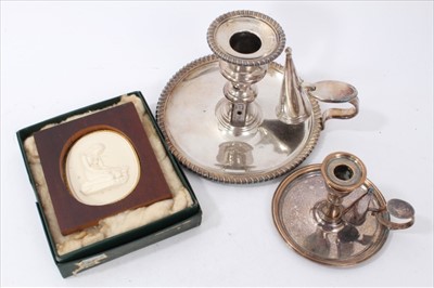 Lot 3749 - Early 19th century Old Sheffield plate chamberstick, another,m and a Grand Tour plaster plaque