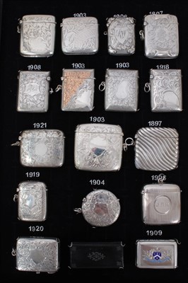 Lot 3375 - Collection sixteen late Victorian and later silver vesta cases including enamel armorial example and papier mache vesta (17)