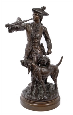 Lot 675 - After H. Moreau and P. Lecourtier bronze study - French huntsman with hounds