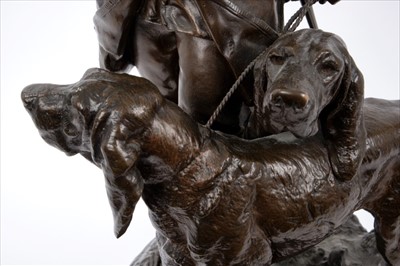 Lot 675 - After H. Moreau and P. Lecourtier bronze study - French huntsman with hounds