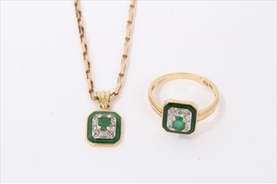 Lot 3435 - 18ct gold emerald, diamond and green enamel dress ring with octagonal bezel on gold shank together with a matching pendant