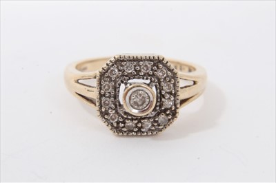 Lot 3439 - Art Deco style 9ct gold and diamond cluster ring with octagonal bezel on 9ct gold shank, estimated total diamond weight approximately 0.25ct