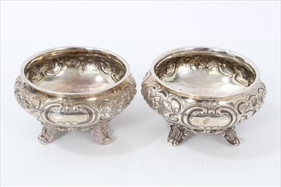 Lot 3421 - Pair Victorian silver salts of cauldron form with scroll and foliate decoration