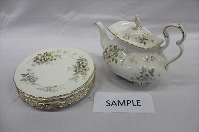 Lot 2183 - Royal Albert 'Haworth' pattern tea service, to include teapot, cake stand, cake plate, 6 cups, 6 saucers, 6 tea plates, 6 large plates, sugar bowl and milk jug (30 pieces)