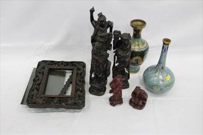 Lot 3844 - Antique Chinese carved hardwood photograph frame, five Chinese carved wooden figures and two cloisonné vases