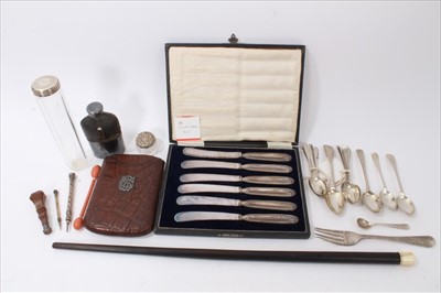 Lot 3468 - Miscellaneous group of items to include silver teaspoons, conductor’s baton, Victorian crocodile leather cigar case and sundries