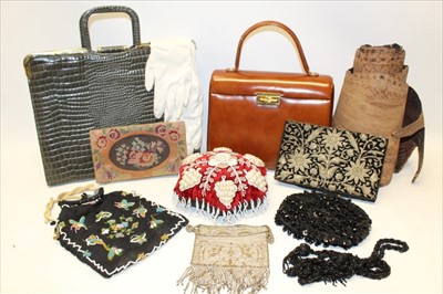 Lot 3158 - Vintage textiles to include Victorian velvet and beadwork pincushion, embroidered evening bags, 1950s lady’s brown leather handbag with integral light, etc