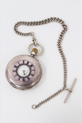 Lot 3386 - Edwardian silver and enamel half hunter pocket watch with keyless movement ( Chester 1907 ), with silver watch chain.(2)