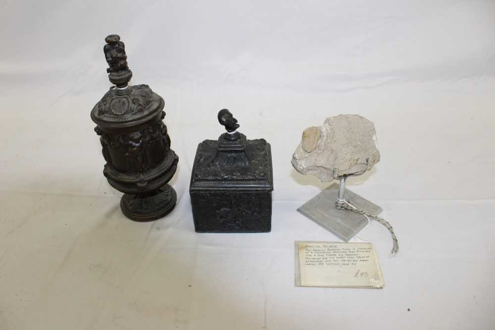 Lot 3765 - Bronze cup and cover, tobacco box and cover, trilobite on stand