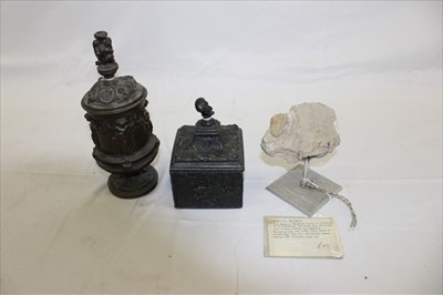 Lot 3765 - Bronze cup and cover, tobacco box and cover, trilobite on stand