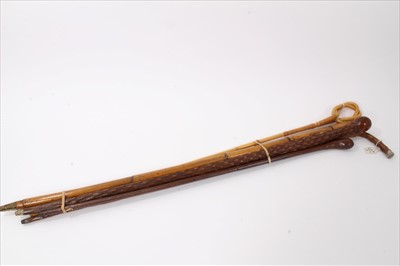 Lot 3705 - Old stepped Malacca walking cane with gold coloured eyelets together with a Congo cane stick, another with silver mounted crutch handle (Birmignham 1899), a knotted bamboo walking cane and a leathe...