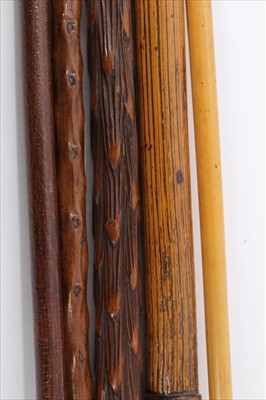 Lot 3705 - Old stepped Malacca walking cane with gold coloured eyelets together with a Congo cane stick, another with silver mounted crutch handle (Birmignham 1899), a knotted bamboo walking cane and a leathe...