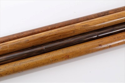 Lot 3709 - Victorian Malacca waling stick with crook handle and silver collar (Birmingham 1894) together with another similar cane stick (London 1929), one other with white metal collar and a plain Partridge ...