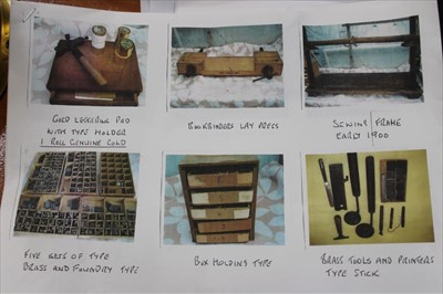 Lot 3876 - Book binding equipment including Gold Lettering Pad, Five Sets of Type, Bookbinders Lay Press etc