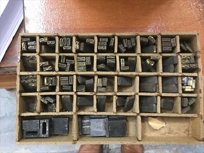 Lot 3876 - Book binding equipment including Gold Lettering Pad, Five Sets of Type, Bookbinders Lay Press etc