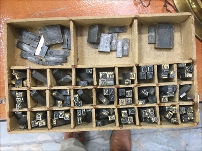 Lot 3876 - Book binding equipment including Gold Lettering Pad, Five Sets of Type, Bookbinders Lay Press etc