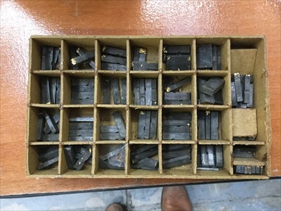 Lot 3876 - Book binding equipment including Gold Lettering Pad, Five Sets of Type, Bookbinders Lay Press etc