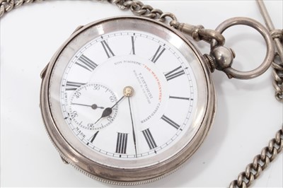 Lot 3394 - Four late Victorian and Edwardian silver open face keys wind pocket watches , over with silver chain (5)