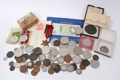 Lot 3766 - GB - Mixed coins and medals to include Victoria YH Double Florin 1887 AU, George VI Crown 1937 EF, The "Lusitannia" Medal (NB Replica, in box of issue), three World War II Medals (NB In O.H.M.S. 'O...