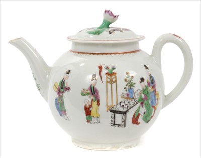 Lot 1 - 18th century Worcester teapot, circa 1765, of globular form with flower knop lid, with printed and painted oriental style polychrome decoration