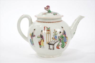 Lot 1 - 18th century Worcester teapot, circa 1765, of globular form with flower knop lid, with printed and painted oriental style polychrome decoration