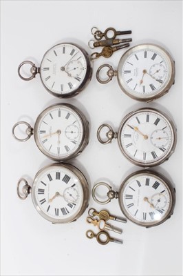 Lot 3398 - Six late 19th/early 20th century silver pocket watches with key wind movements