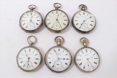 Lot 3399 - Six late 19th/ early 20th century silver open face pocket watches