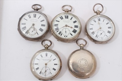 Lot 3400 - Four late 19th/early 20th century silver open face pocket watches and silver hunter pocket watch (5)