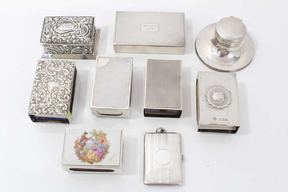 Lot 3401 - Six Edwardian and later silver matchbox holders , silver stamp box, inkwell and silver locket