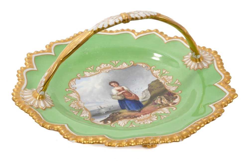 Lot 4 - Good early 19th century Worcester Flight Barr & Barr basket, circa 1825, painted with a scene entitled 'The Fisherman's Daughter', on pale green ground with gilded pie crust edge, handle and four p...