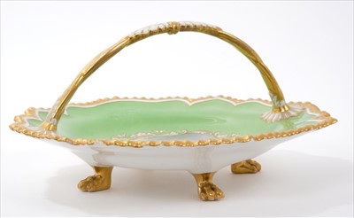 Lot 4 - Good early 19th century Worcester Flight Barr & Barr basket, circa 1825, painted with a scene entitled 'The Fisherman's Daughter', on pale green ground with gilded pie crust edge, handle and four p...