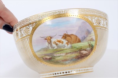 Lot 14 - Late 19th century Minton porcelain bowl, circa 1868-73, finely painted with a panel of highland cattle, with banding, Greek key pattern and drapes in gilt, the painting attributed to Henry Mithchel...