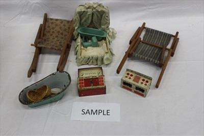 Lot 2891 - Edwardian and later Dolls House furniture including tin plate, metal, wooden. Candlestick telephone, vacuum , glass and ceramics etc. Also doll deck chairs and picnic table. Plus some bisque and...