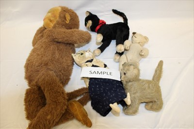 Lot 2893 - Soft toy and dolls including mohair glove puppets and animals. old Merrythought teddy and pyjama case