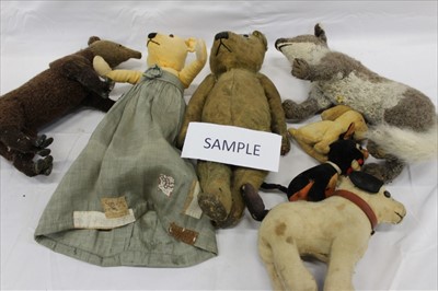 Lot 2894 - Selection of old teddies, including teddy with clear glass eyes, rexine pads, three stitched claws, velvet small animals, green eyed cats etc.