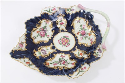 Lot 6 - 18th century Worcester porcelain, to include a two-handled cup, saucer and cover, circa 1765, decorated with the Fan pattern in underglaze blue and polychrome enamels. Also a leaf dish, circa 1770,...