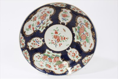 Lot 6 - 18th century Worcester porcelain, to include a two-handled cup, saucer and cover, circa 1765, decorated with the Fan pattern in underglaze blue and polychrome enamels. Also a leaf dish, circa 1770,...